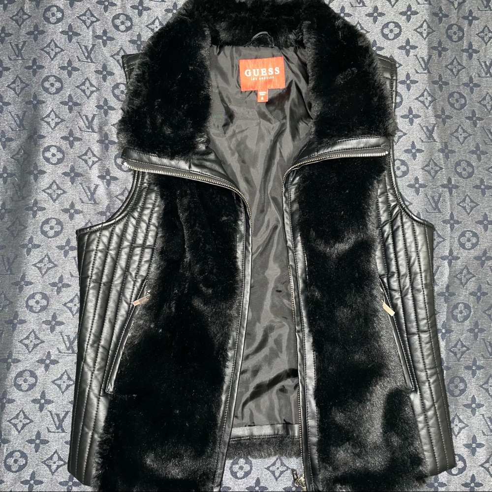 Guess black and leather fur vest